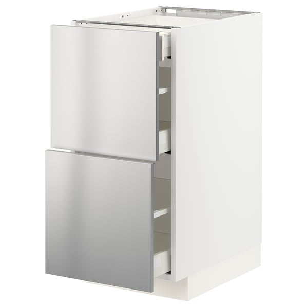 METOD / MAXIMERA Base cab with 2 fronts/3 drawers, white/Vårsta stainless steel, 40x60x80 cm