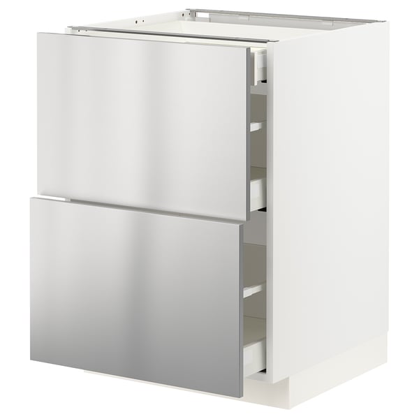 METOD / MAXIMERA Base cab with 2 fronts/3 drawers, white/Vårsta stainless steel, 60x60x80 cm