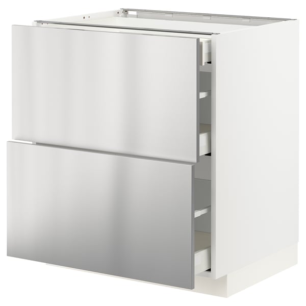 METOD / MAXIMERA Base cab with 2 fronts/3 drawers, white/Vårsta stainless steel, 75x60x80 cm