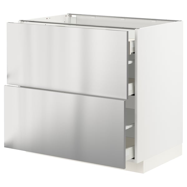 METOD / MAXIMERA Base cab with 2 fronts/3 drawers, white/Vårsta stainless steel, 90x60x80 cm