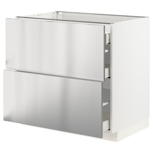 White modern kitchen cabinet with stainless steel drawers and doors.