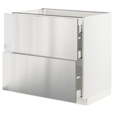 METOD / MAXIMERA Base cab with 2 fronts/3 drawers, white/Vårsta stainless steel, 90x60x80 cm