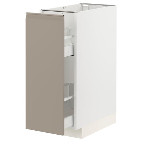 METOD kitchen cabinet in grey-beige with integrated handles and multiple shelves.