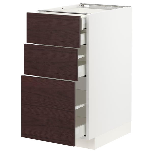 METOD / MAXIMERA Base cabinet w 3 fronts/4 drawers, white Askersund/dark brown ash effect, 40x60x80 cm