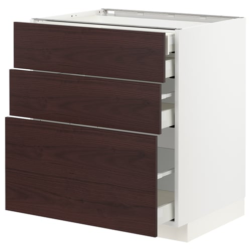 Modern kitchen cabinet in white with three dark brown drawers.