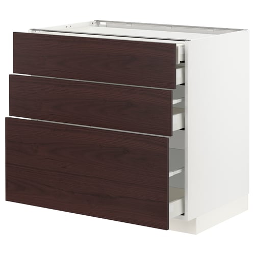 METOD kitchen unit, dark brown ash wood finish, white base, three drawers.