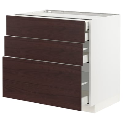 METOD / MAXIMERA Base cabinet w 3 fronts/4 drawers, white Askersund/dark brown ash effect, 90x60x80 cm