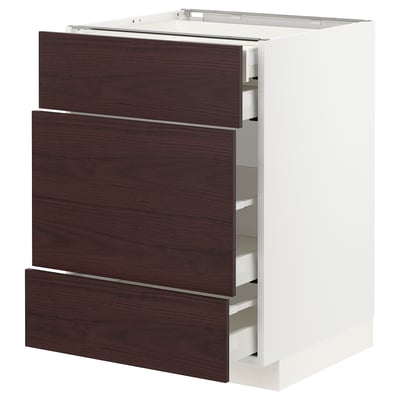 METOD / MAXIMERA Base cabinet w 3 fronts/4 drawers, white Askersund/dark brown ash effect, 60x60x80 cm