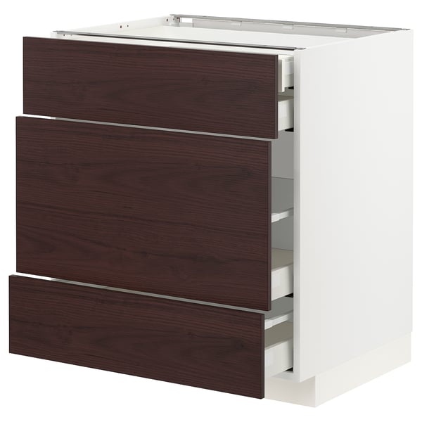 Ite METOD kitchen unit, white & dark brown wood, 3 drawers, square shape.