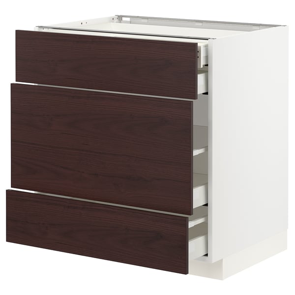 METOD / MAXIMERA Base cabinet w 3 fronts/4 drawers, white Askersund/dark brown ash effect, 80x60x80 cm