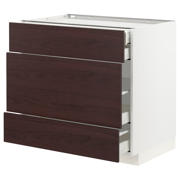 METOD / MAXIMERA Base cabinet w 3 fronts/4 drawers, white Askersund/dark brown ash effect, 90x60x80 cm