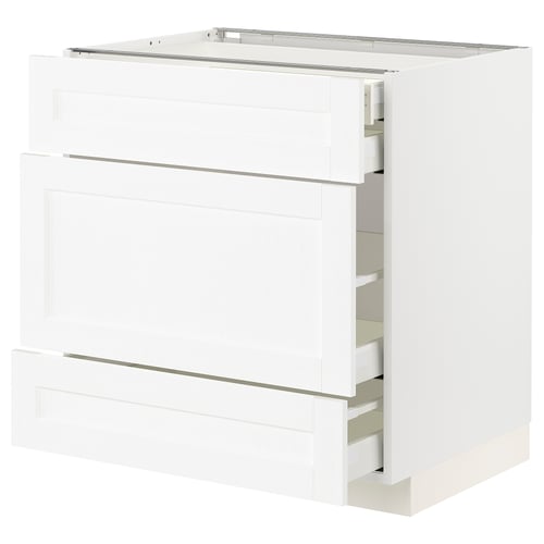 White METOD kitchen cabinet with three drawers, modern design.