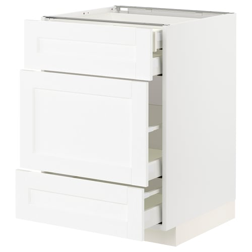 White METOD kitchen cabinet with multiple drawers and shelves.