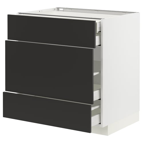 Modular kitchen unit, white with three dark drawer fronts, sleek design.