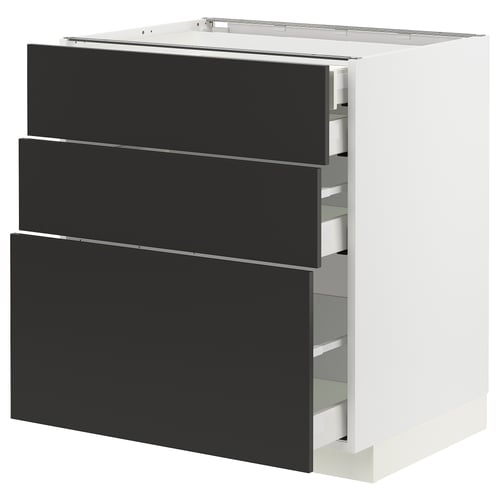 Modern kitchen unit, white base, three black drawers, sleek design.