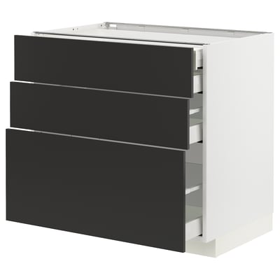 METOD / MAXIMERA Base cabinet w 3 fronts/4 drawers, white/Nickebo matt anthracite, 90x60x80 cm