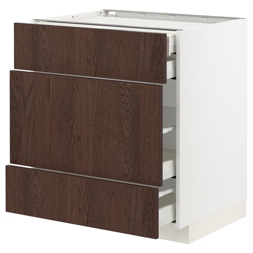 Modern kitchen cabinet, white with dark brown wood drawers, sleek design, 4 drawers, sturdy & stylish.