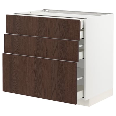 METOD / MAXIMERA Base cabinet w 3 fronts/4 drawers, white/Sinarp brown, 90x60x80 cm