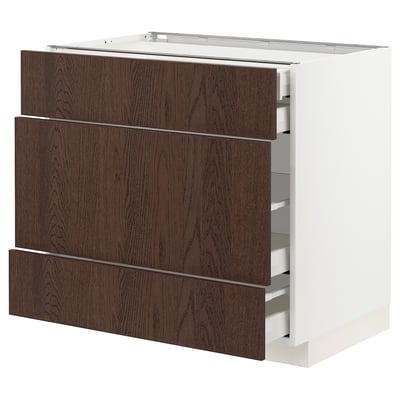 METOD / MAXIMERA Base cabinet w 3 fronts/4 drawers, white/Sinarp brown, 90x60x80 cm
