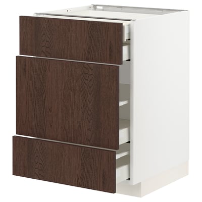 METOD / MAXIMERA Base cabinet w 3 fronts/4 drawers, white/Sinarp brown, 60x60x80 cm
