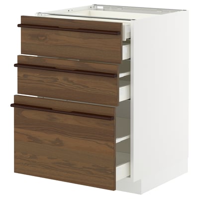 METOD / MAXIMERA Base cabinet w 3 fronts/4 drawers, white/Stensta dark brown ash veneer, 60x60x80 cm