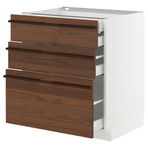 Modern kitchen cabinet with brown wooden drawers and white frame.