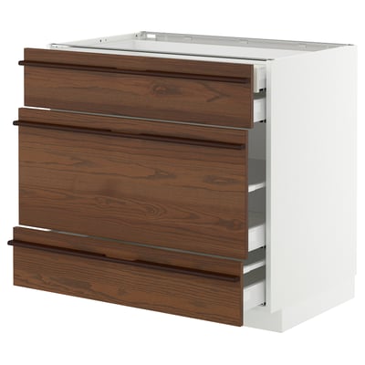 METOD / MAXIMERA Base cabinet w 3 fronts/4 drawers, white/Stensta dark brown ash veneer, 90x60x80 cm