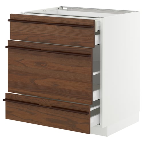 Modern kitchen cabinet in dark brown wood with three drawers and shelves.