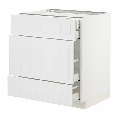 White METOD kitchen unit with two open drawers, showing modern design and storage.