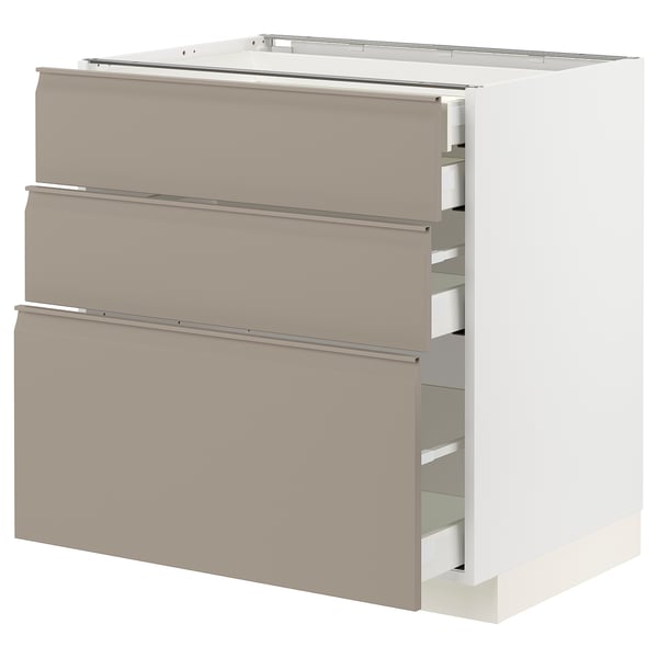METOD / MAXIMERA Base cabinet w 3 fronts/4 drawers, white/Upplöv matt dark beige, 80x60x80 cm