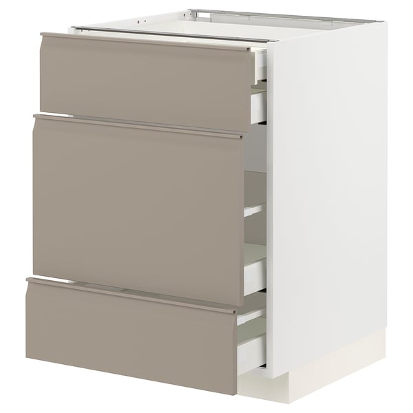 METOD / MAXIMERA Base cabinet w 3 fronts/4 drawers, white/Upplöv matt dark beige, 60x60x80 cm