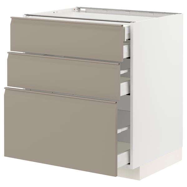 METOD / MAXIMERA Base cabinet w 3 fronts/4 drawers, white/Upplöv matt dark beige, 75x60x80 cm