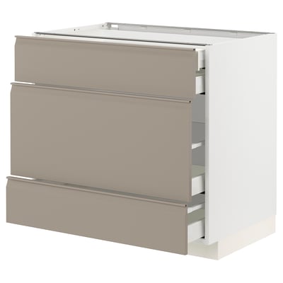 METOD / MAXIMERA Base cabinet w 3 fronts/4 drawers, white/Upplöv matt dark beige, 90x60x80 cm