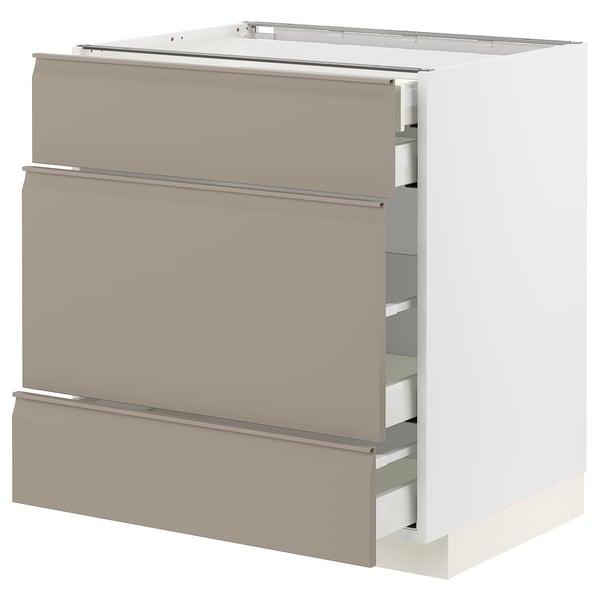 METOD / MAXIMERA Base cabinet w 3 fronts/4 drawers, white/Upplöv matt dark beige, 75x60x80 cm
