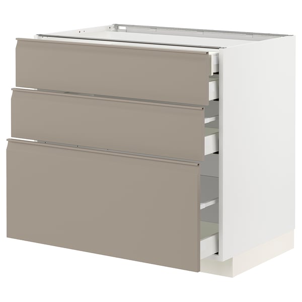 METOD / MAXIMERA Base cabinet w 3 fronts/4 drawers, white/Upplöv matt dark beige, 90x60x80 cm