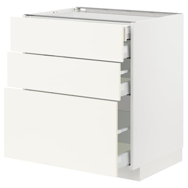 METOD / MAXIMERA Base cabinet w 3 fronts/4 drawers, white/Vallstena white, 75x60x80 cm