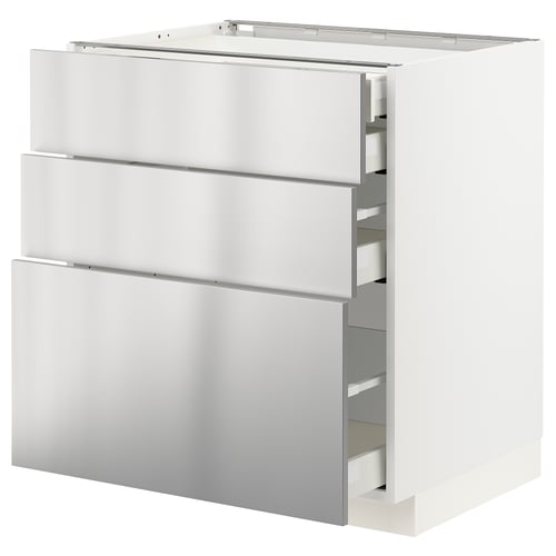 An ikea METOD kitchen cabinet in white with stainless steel handles and drawers. It three large drawers and a handleless top section.