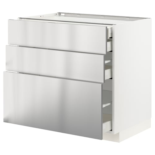 Stainless steel METOD kitchen cabinet with full-extension drawers.
