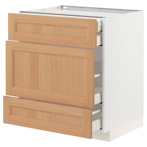 Ikea METOD kitchen cabinet, white with oak drawers, three drawers, modern design.