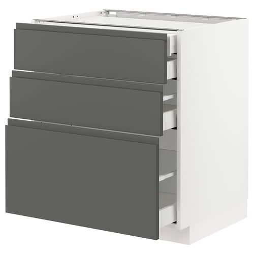 Modern grey METOD kitchen cabinet with three drawers, sleek and minimalist design.