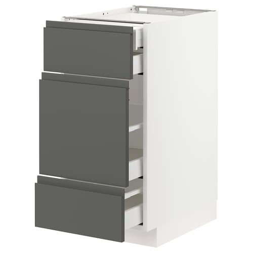 White METOD kitchen unit with 3 dark grey drawers, sleek modern design.