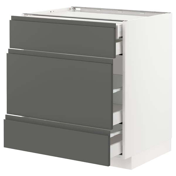 Modern kitchen unit with 3 grey drawers and white body, sleek and minimalist design.