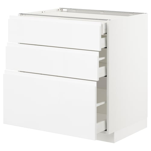 A white METOD kitchen cabinet with multiple drawers in a modern design.