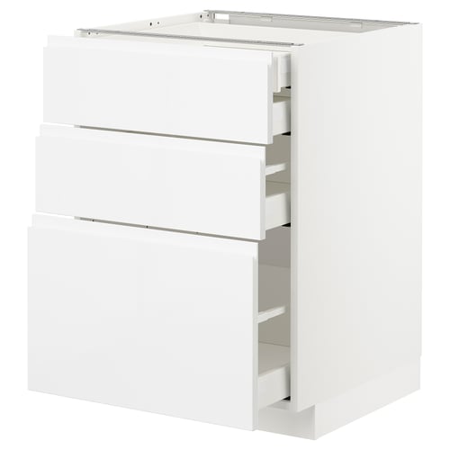 METOD white kitchen cabinet, glossy finish, three drawers, sleek modern design.