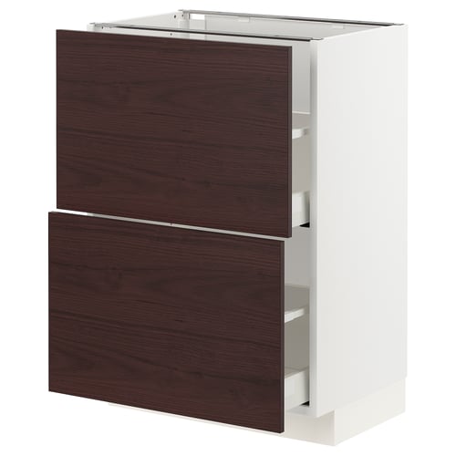 METOD kitchen cabinet. White frame, dark brown wood-finish drawers. 2 drawers, full-extension with soft-close. White interior shelves.