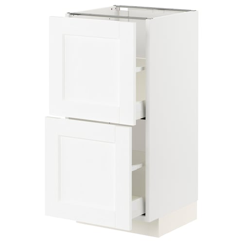 A white METOD kitchen cabinet with a smooth finish and two drawers.