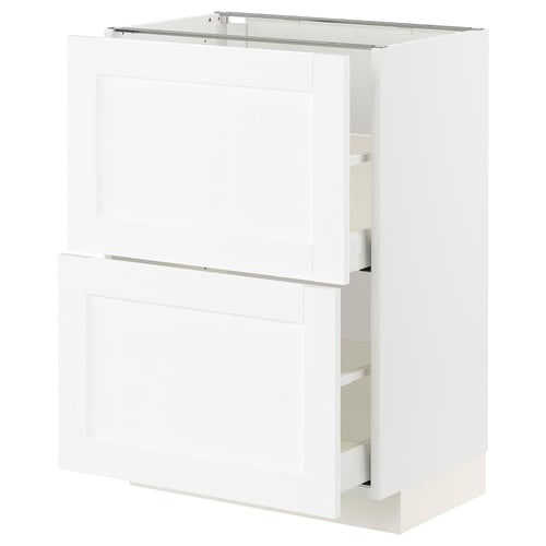 A white ikea METOD kitchen cabinet with a sleek design, featuring two drawers and a cabinet door.