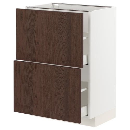 METOD kitchen unit, dark brown, wood grain, 2 drawers, white frame, square shape.