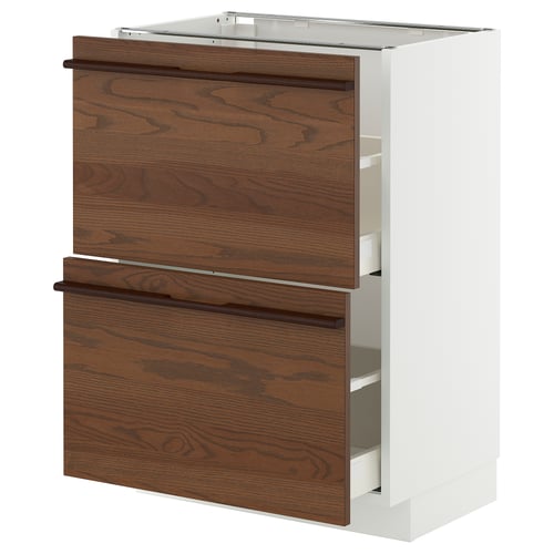 White and dark brown METOD kitchen cabinet with drawers, wooden handles.