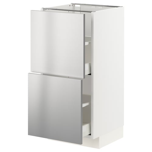 A white METOD kitchen cabinet with stainless steel doors and drawer. Its rectangular with a sleek, modern design.